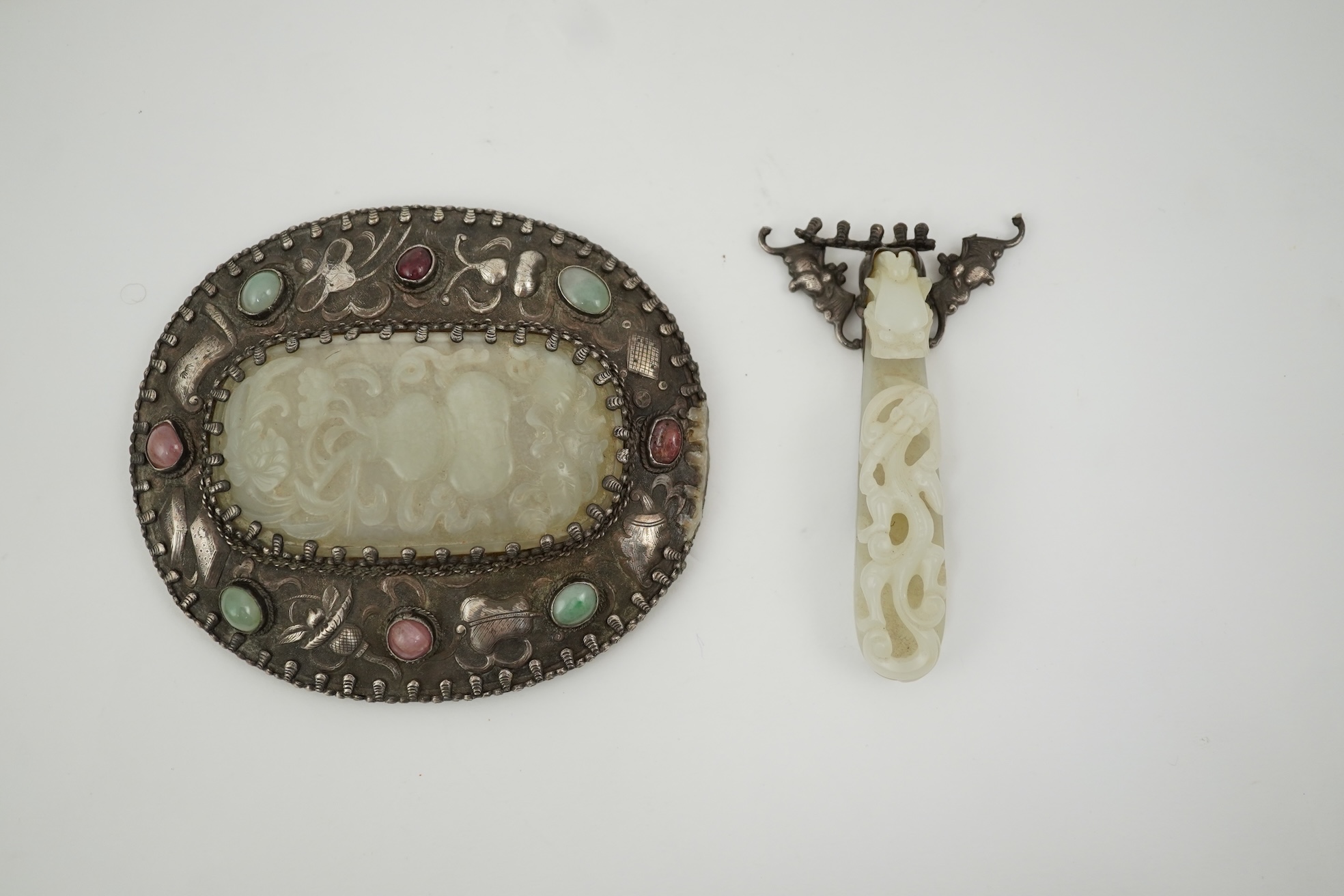 A Chinese jade and cabochon mounted hand mirror, the jade 18th/19th century